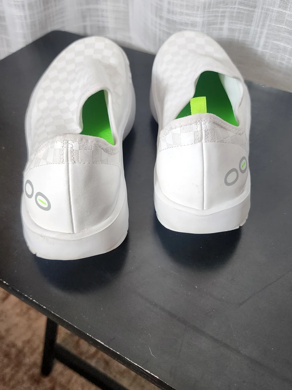 OOFOS Women's White Slip-On Athletic Shoes with Neon Green Insole